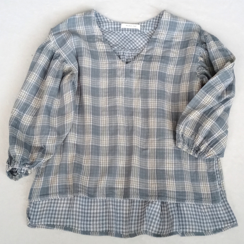 Mustard Seed Women's Blue White Plaid 3/4 Puff Sleeve High Low Blouse S - Picture 4 of 8